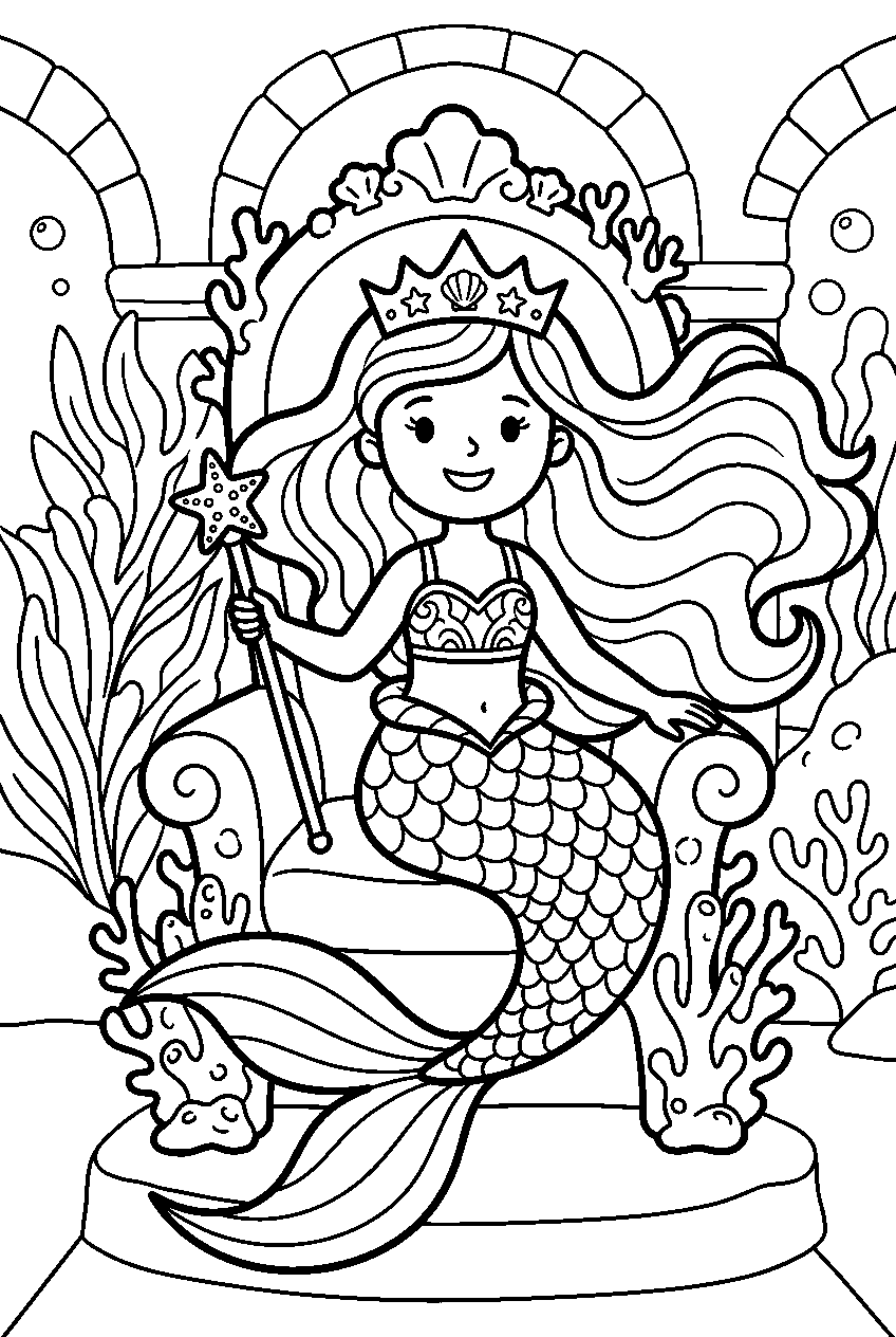 princess mermaid in throne room line art