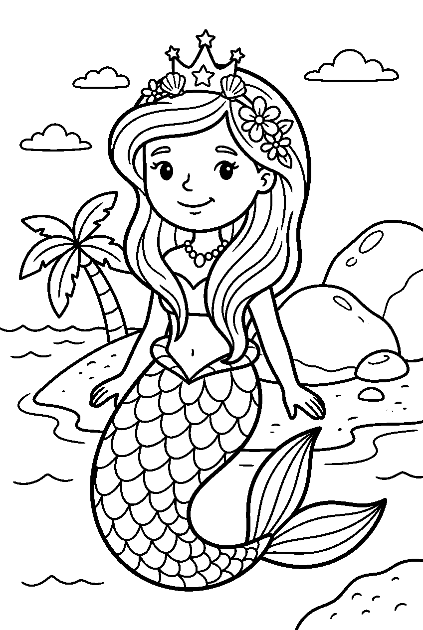 princess mermaid on tropical island line art