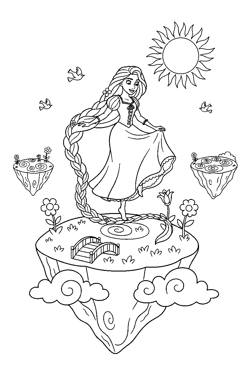 princess rapunzel balancing in floating island line art