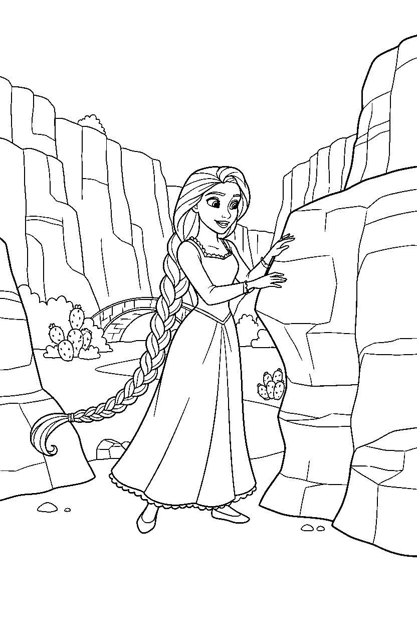 princess rapunzel exploring in canyon line art