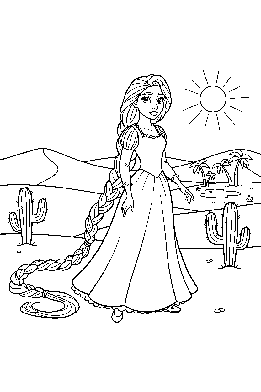 princess rapunzel exploring in desert line art