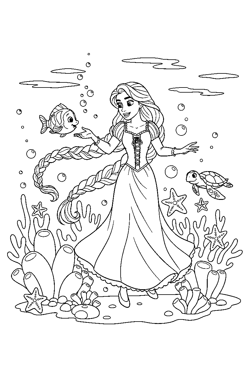 princess rapunzel exploring in ocean line art