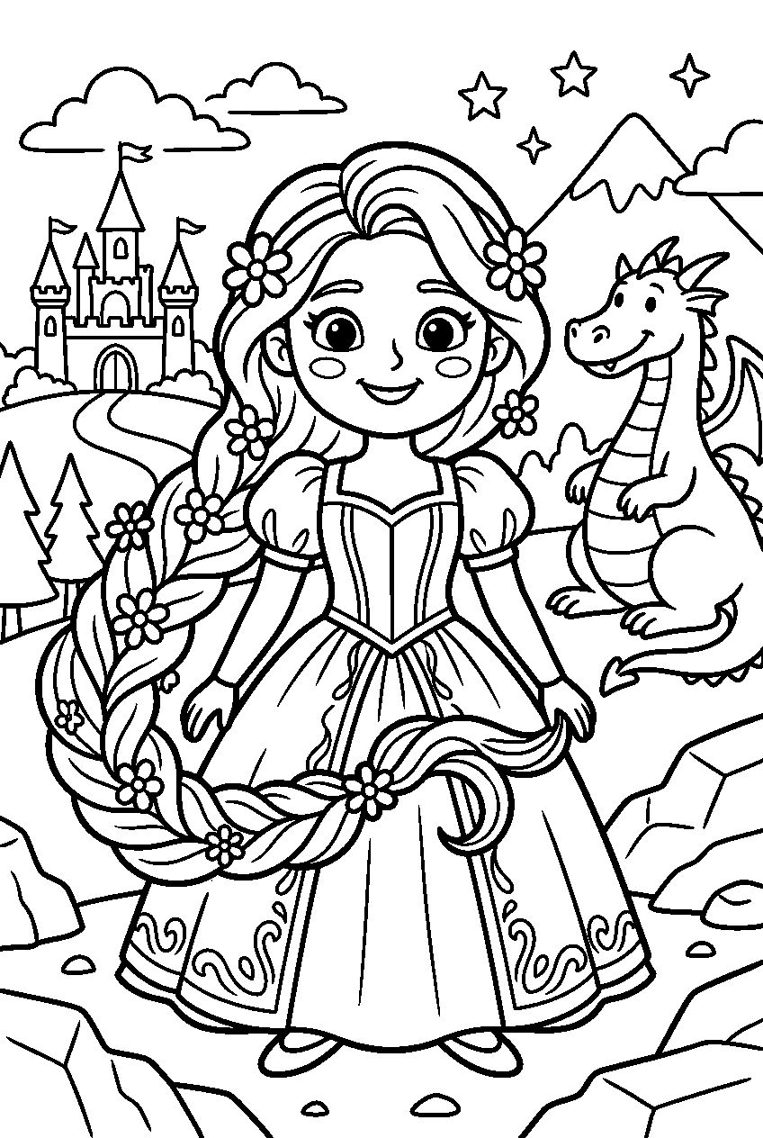 princess rapunzel in dragon kingdom line art