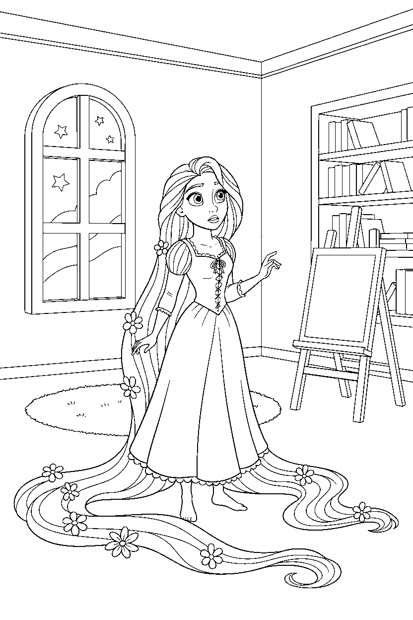 princess rapunzel looking around in bonus room line art