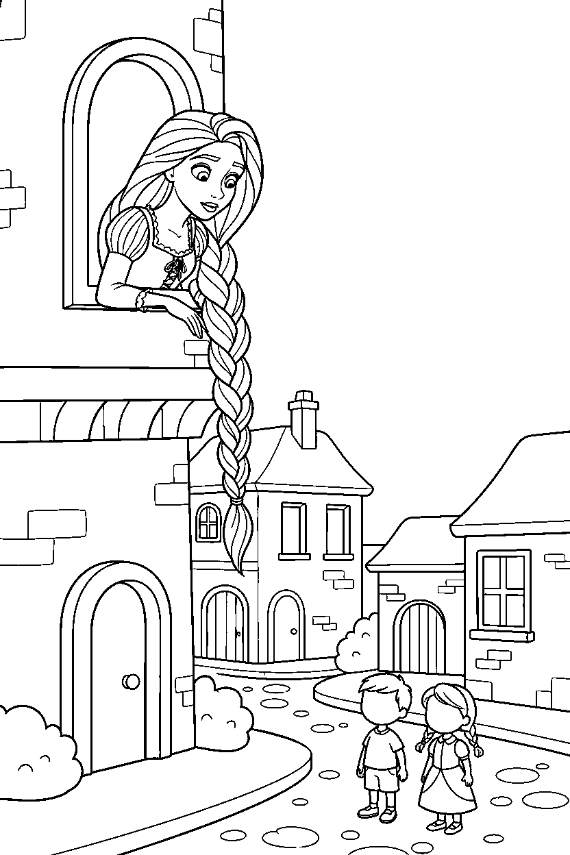 princess rapunzel observing on street line art