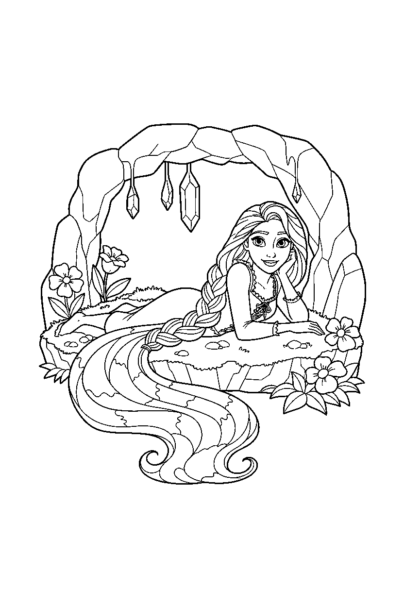 princess rapunzel resting in cave line art