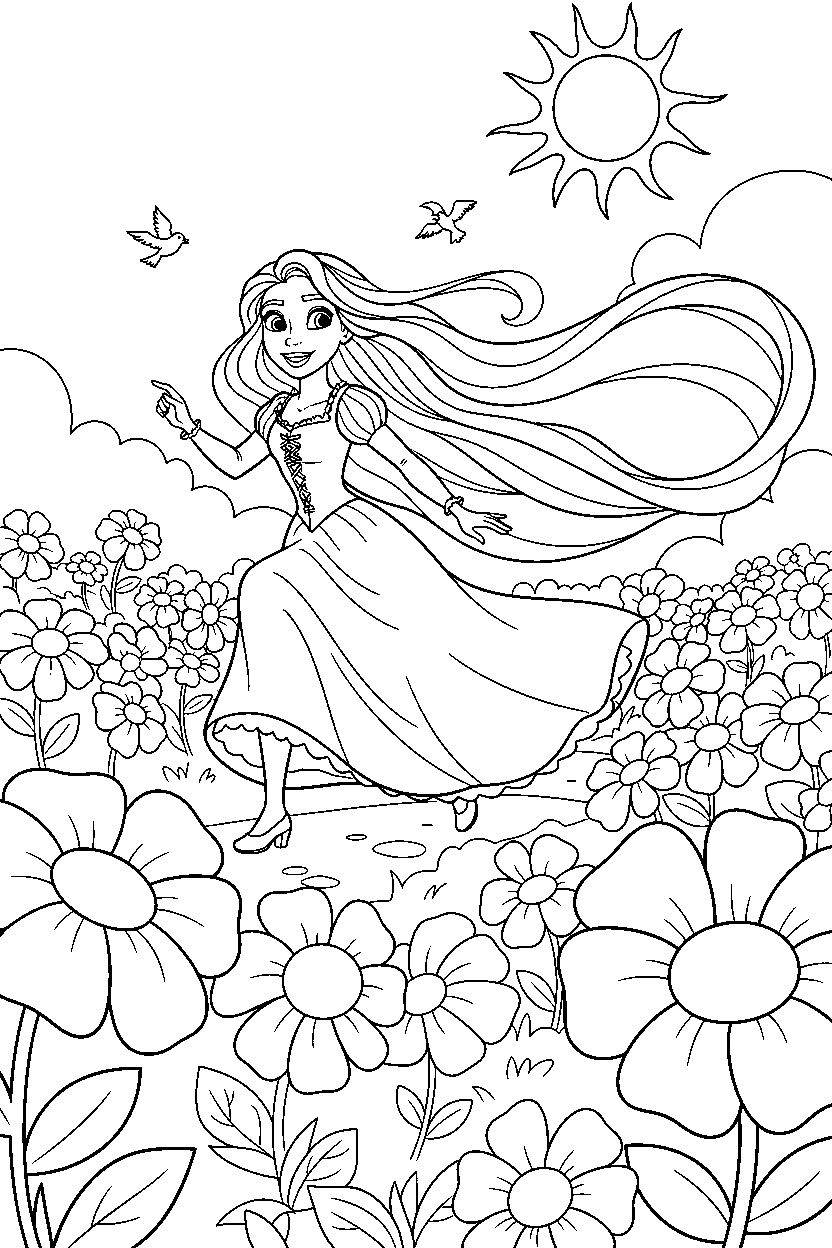 princess rapunzel running in flower field line art