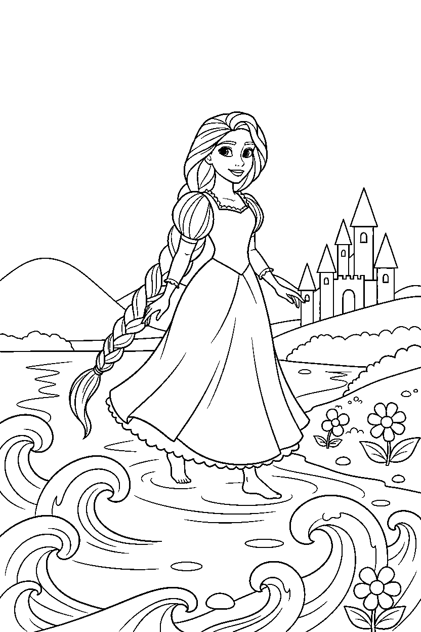 princess rapunzel walking by water line art