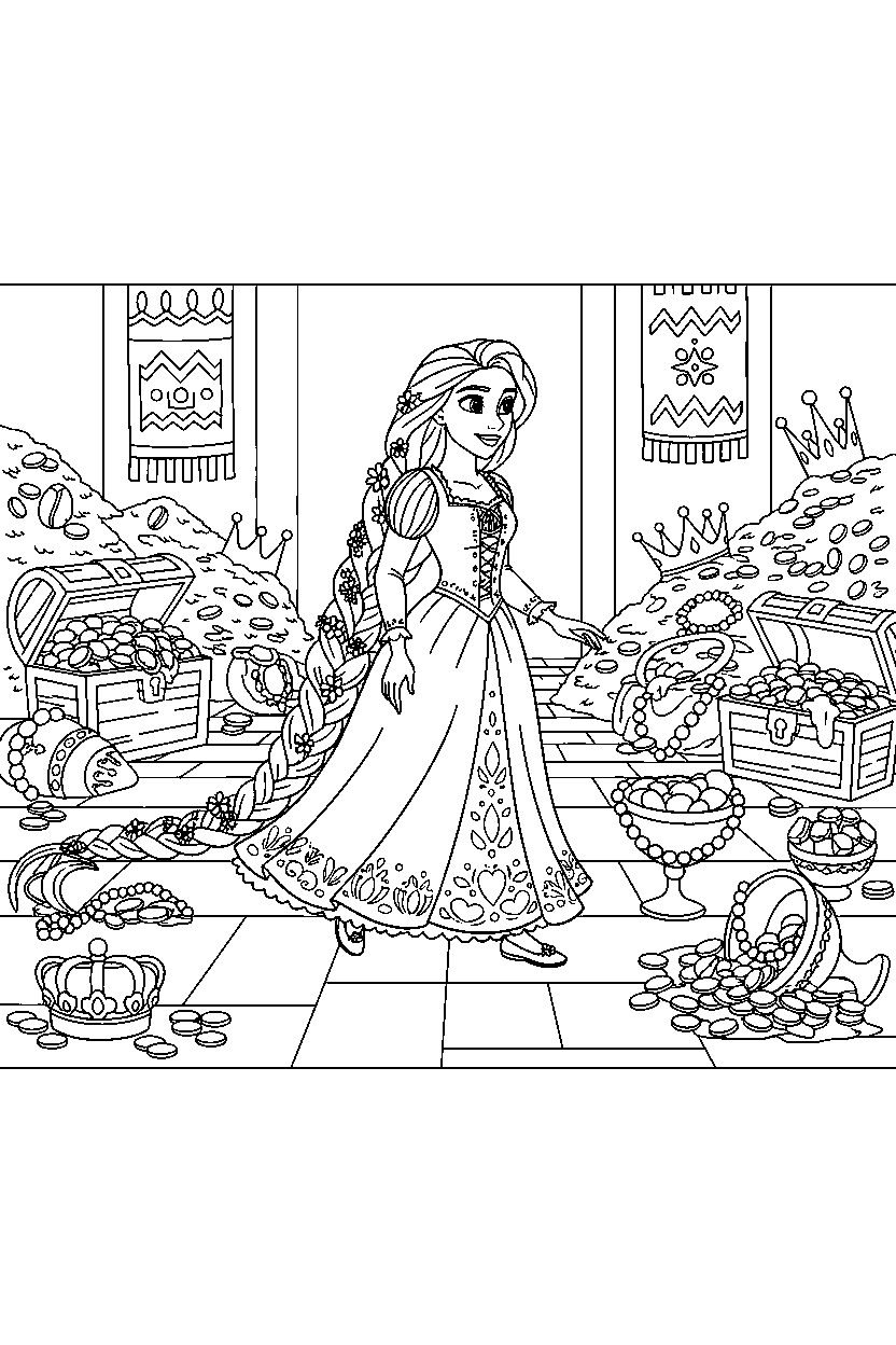 princess rapunzel walking slowly in treasure room line art