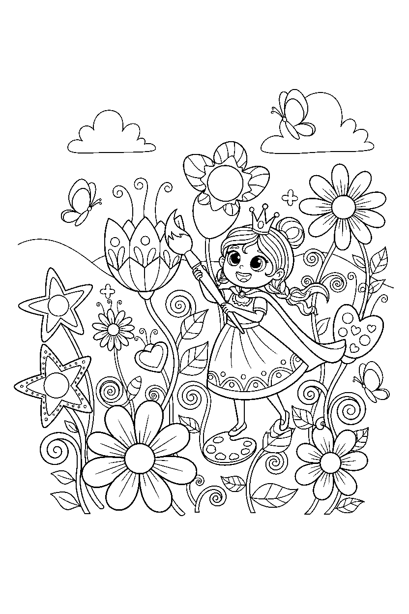 adventure princess painting happily in a magic flower field line art