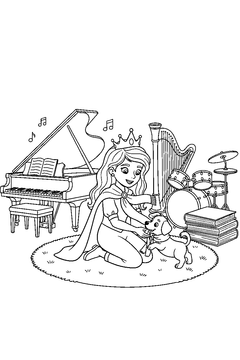 adventure princess playing with a puppy in a music room line art