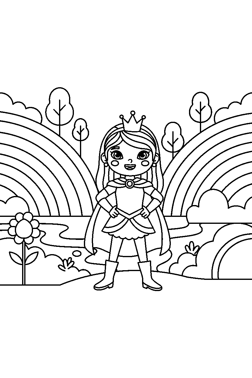 adventure princess posing proudly in a rainbow valley line art
