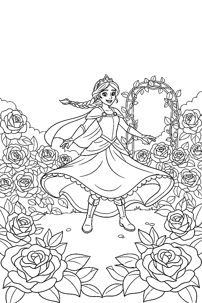 adventure princess spinning happily in a rose garden line art