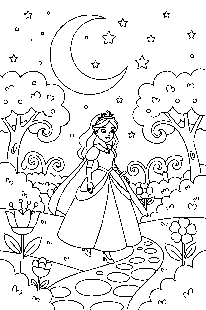 adventure princess walking gently in a moonlit garden line art