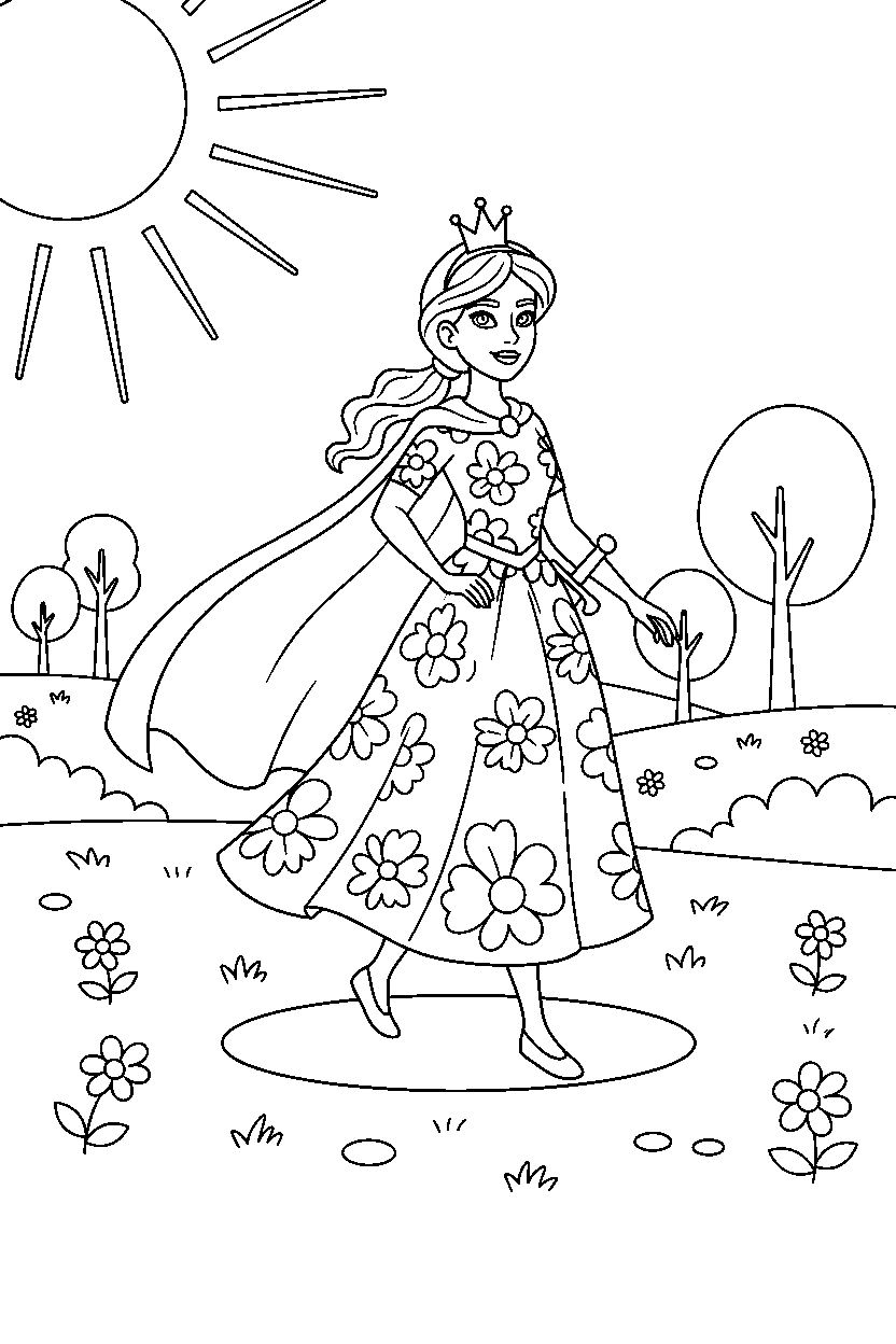 adventure princess walking proudly in a peaceful meadow line art