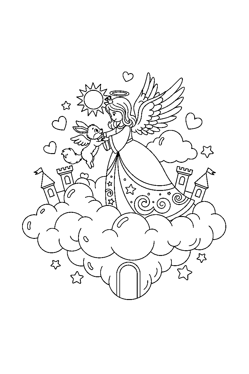 angel princess helping an animal in a cloud kingdom line art