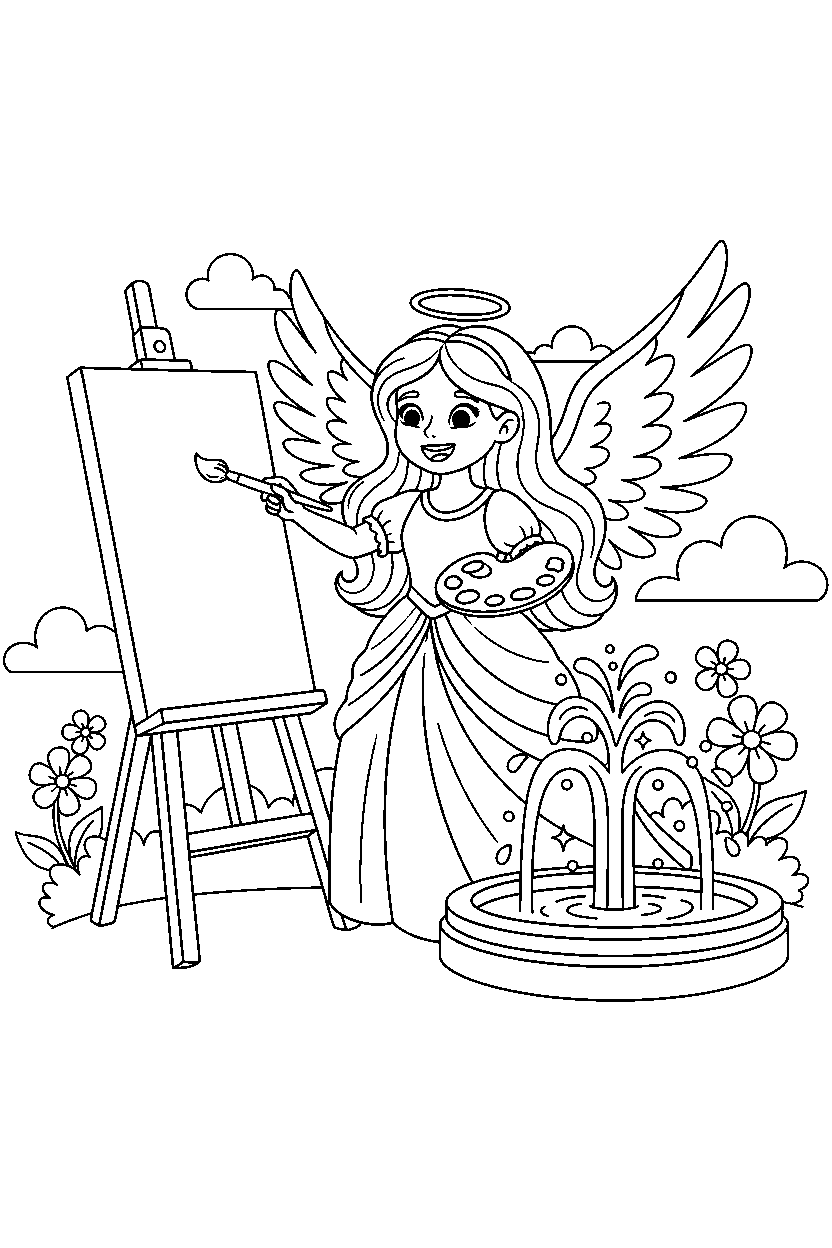 angel princess painting happily near a sparkling fountain line art