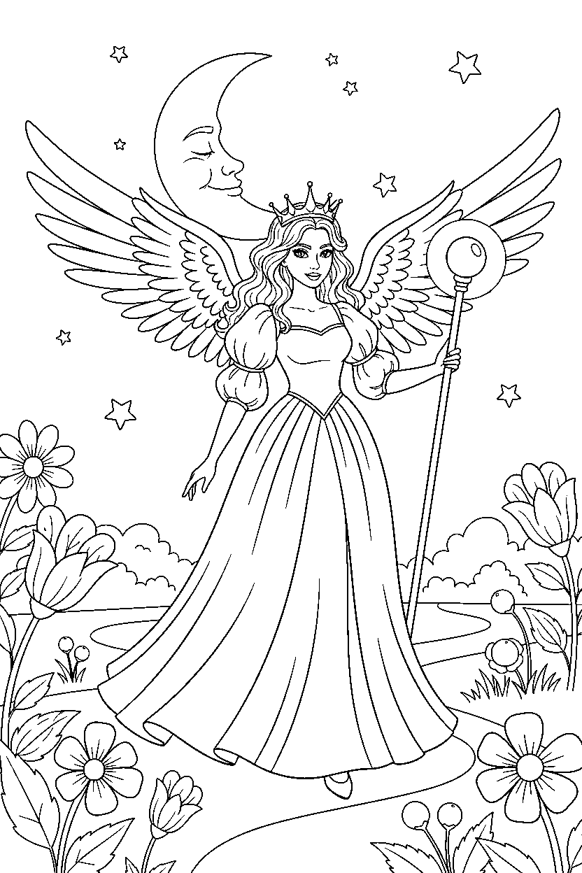 angel princess walking proudly in a moonlit garden line art