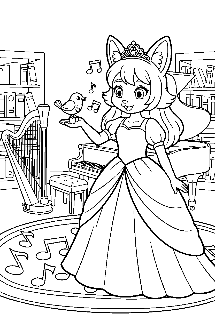 animal friend princess feeding a bird in a music room line art