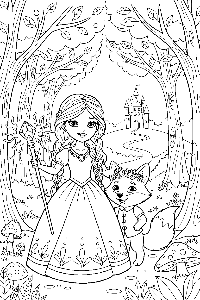 animal friend princess holding a magic item in an enchanted forest line art
