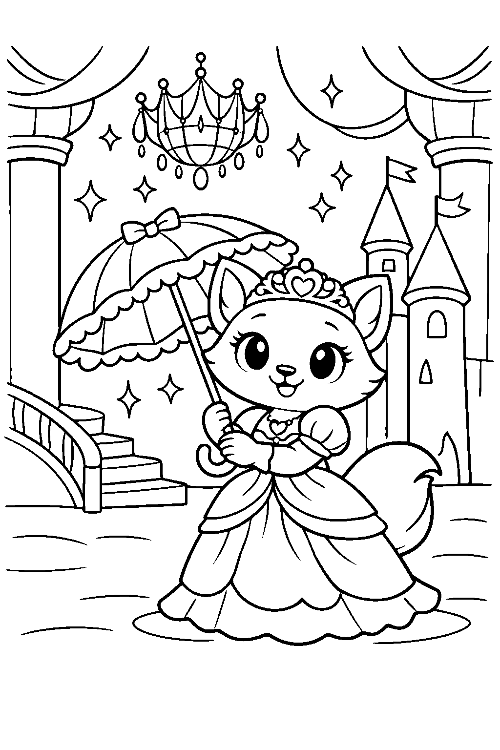 animal friend princess holding an umbrella in a sparkling palace line art