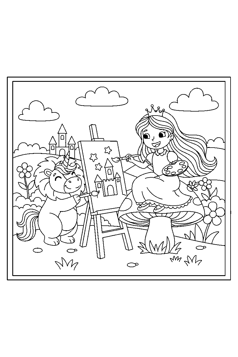 animal friend princess painting happily in a magical kingdom square line art