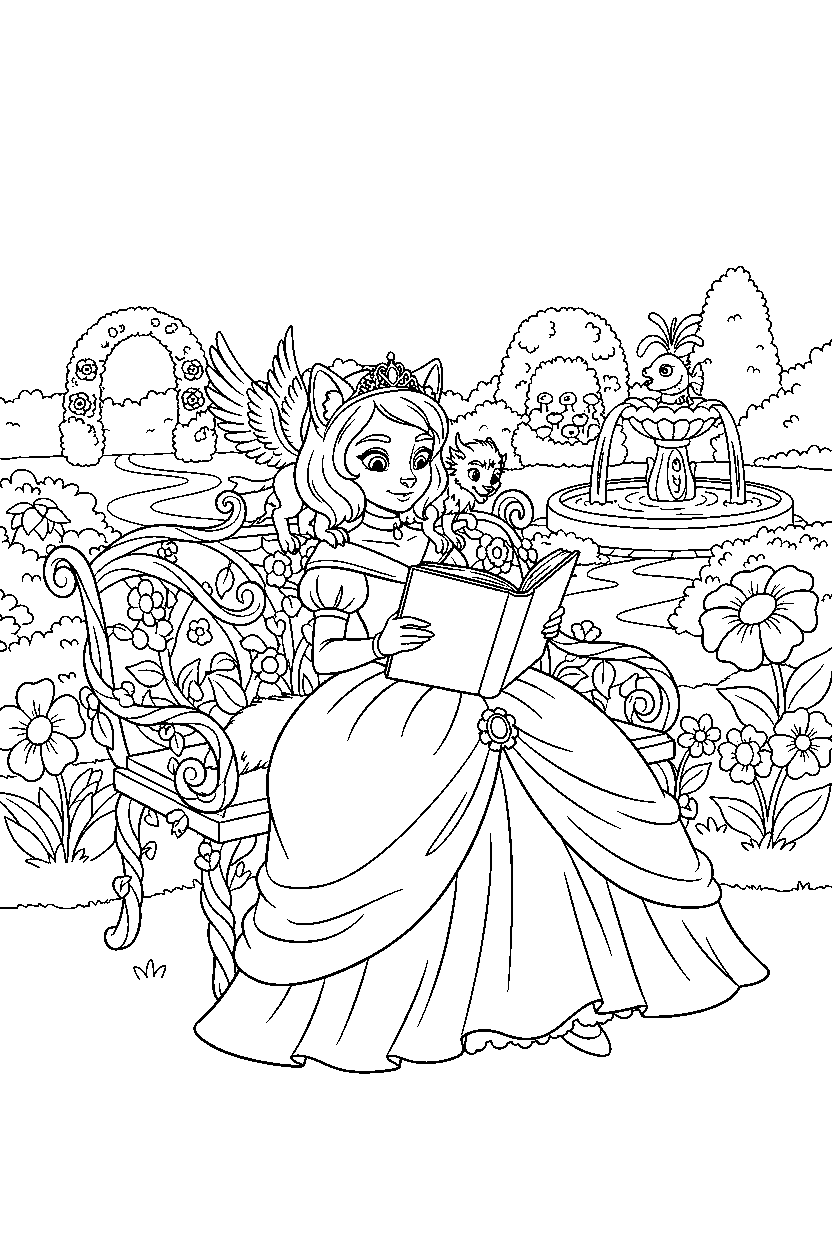 animal friend princess reading a book in a secret royal garden line art