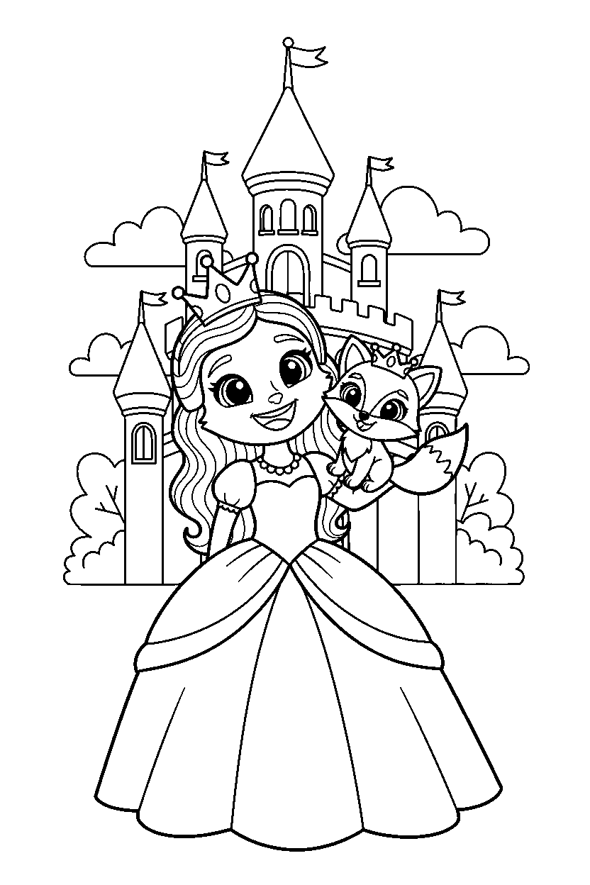 animal friend princess smiling happily in a fairy tale castle line art