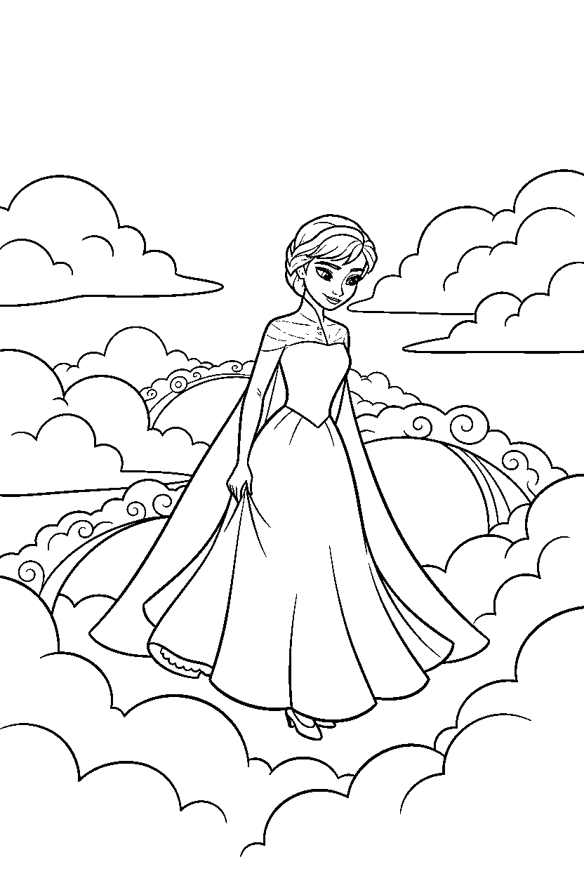 anna princess curtsying politely in a cloud kingdom line art