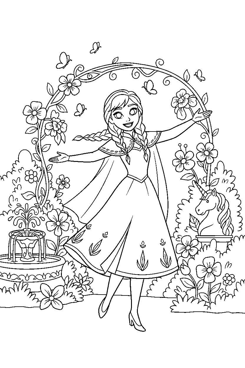 anna princess drawing happily in a secret royal garden line art