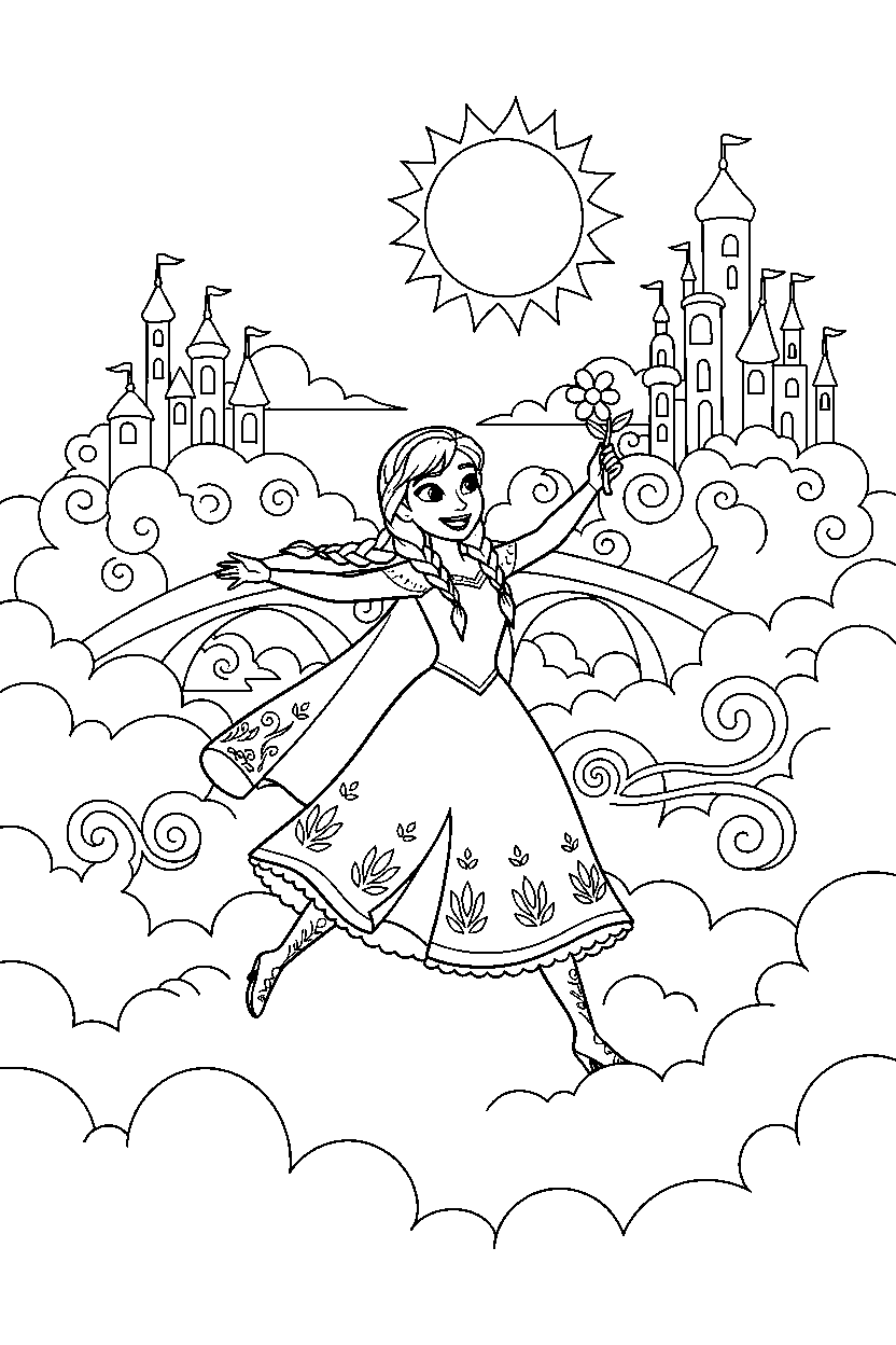 anna princess exploring happily in a cloud kingdom line art