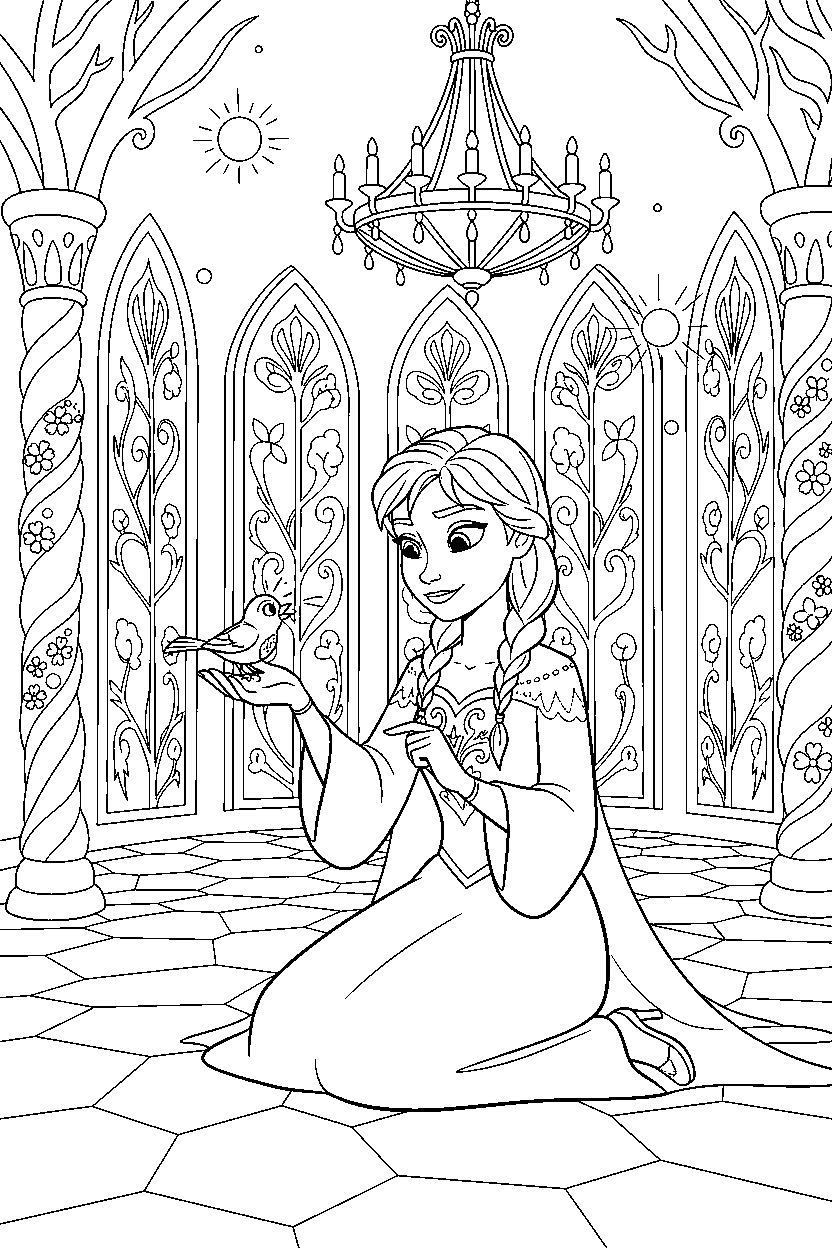 anna princess feeding a bird in a magical castle hall line art