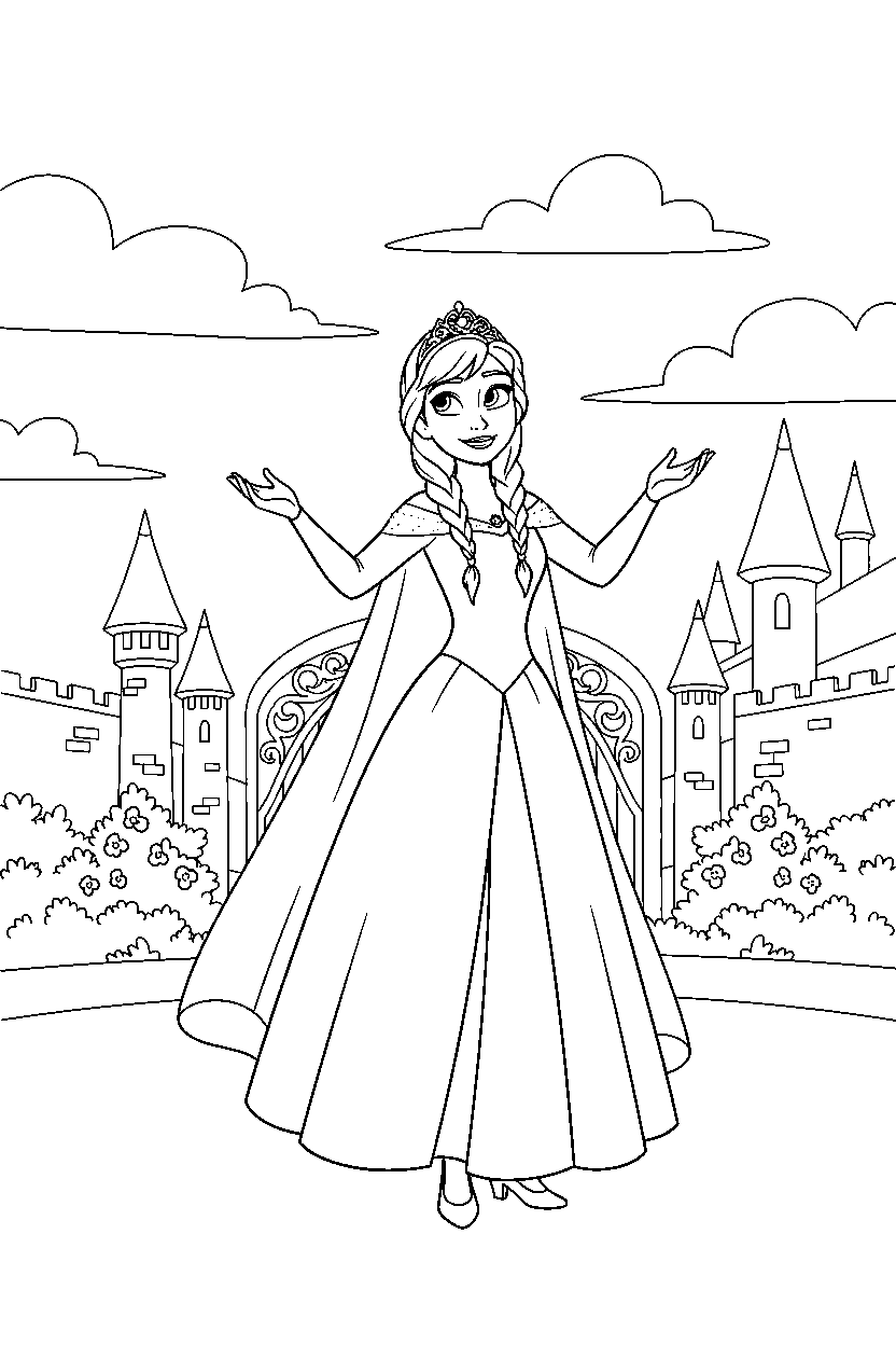 anna princess looking at the sky in a royal courtyard line art