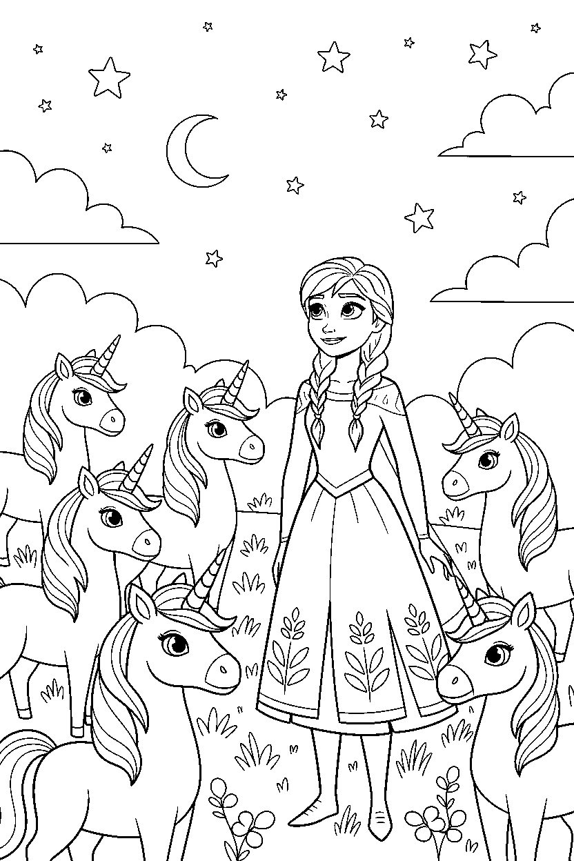anna princess looking at the sky in a unicorn meadow line art