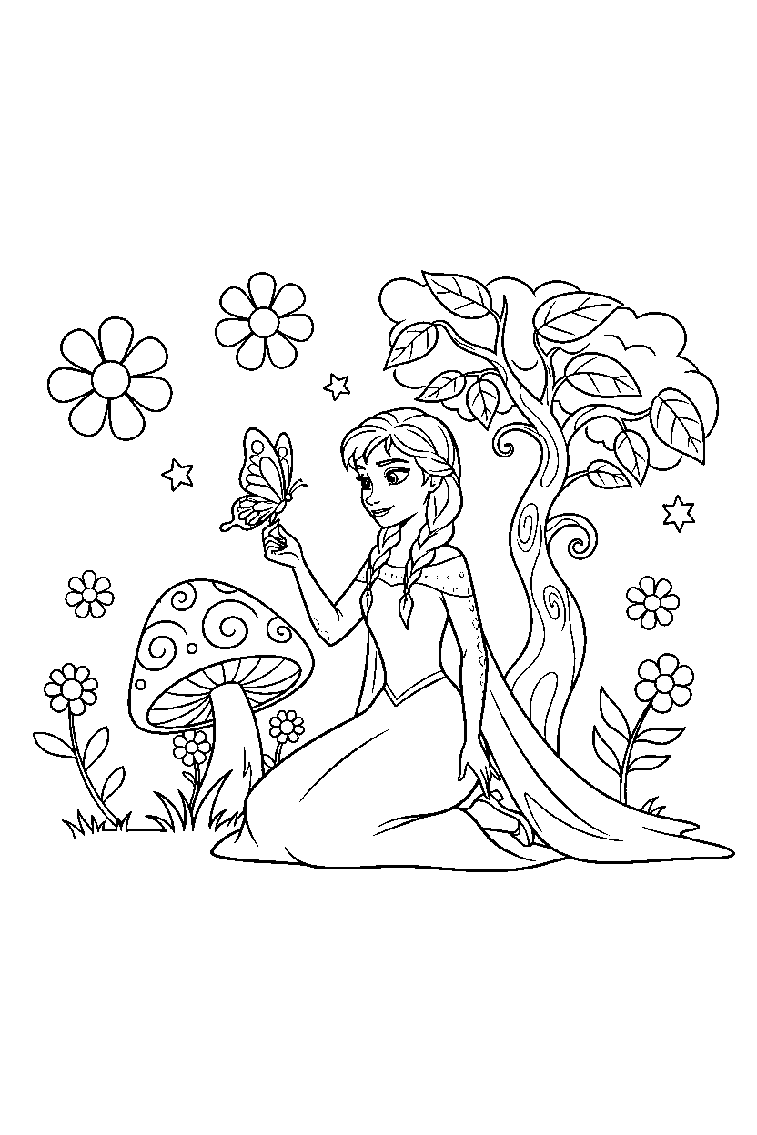 anna princess playing with a butterfly in a magical kingdom square line art
