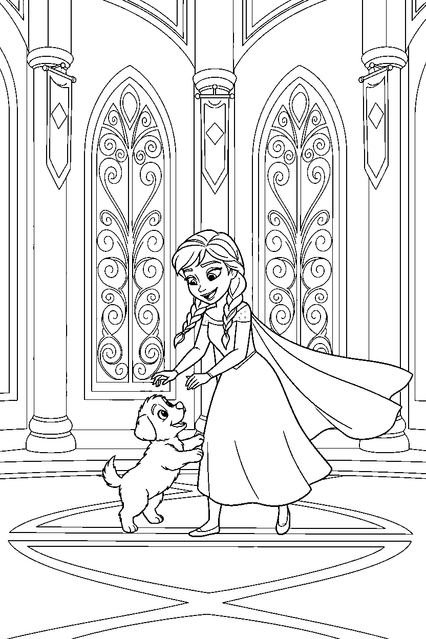 anna princess playing with a puppy in a magical castle hall line art