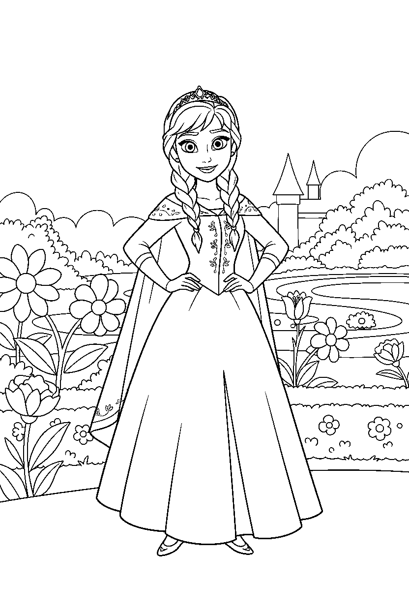 anna princess posing proudly in a secret royal garden line art