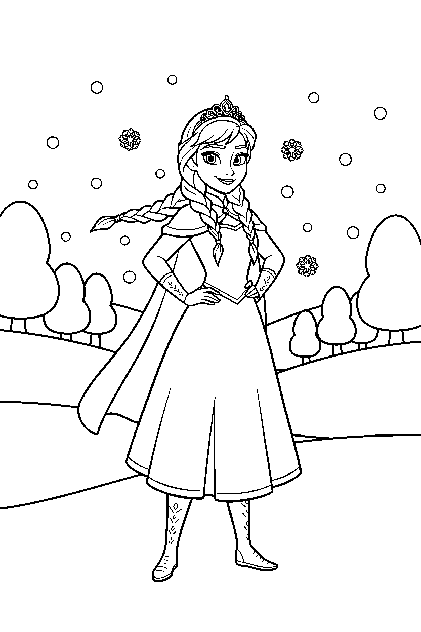 anna princess posing proudly in a winter wonderland line art