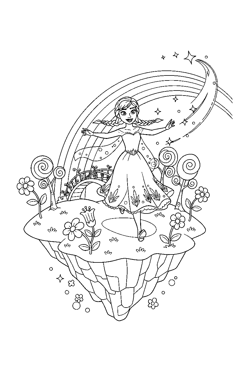 anna princess running happily on a magical island line art
