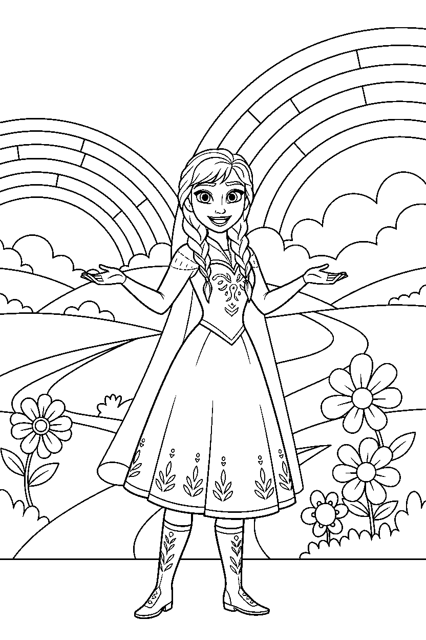 anna princess smiling happily in a rainbow valley line art