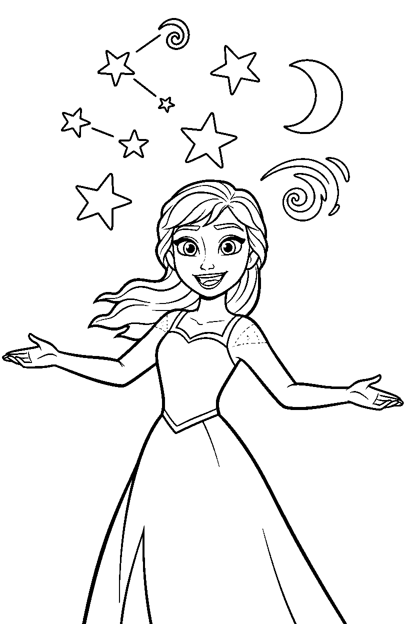anna princess smiling happily under a starry sky line art