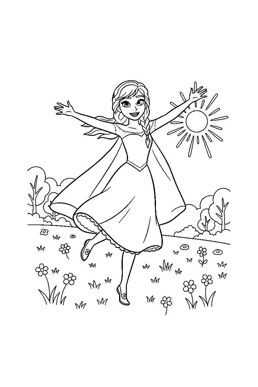 anna princess walking happily in a spring meadow line art