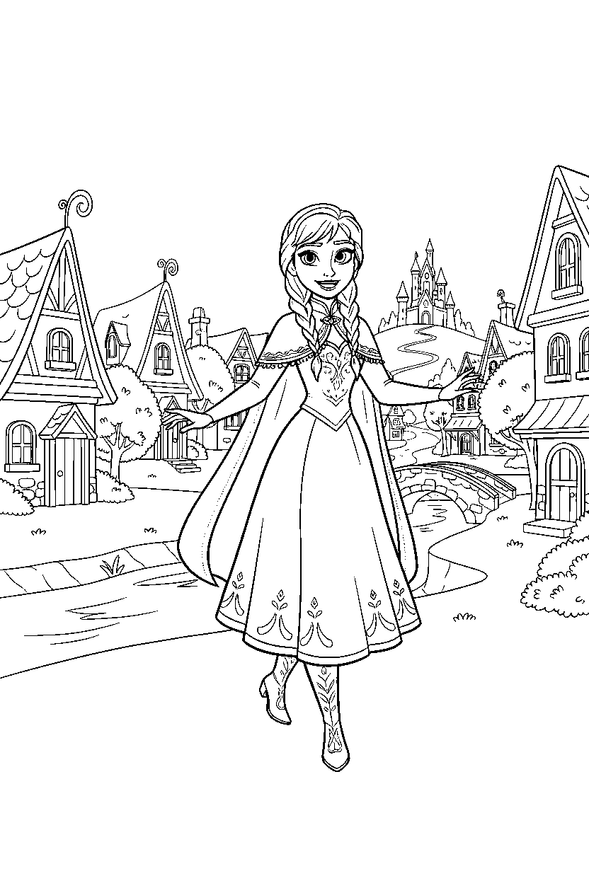 anna princess walking happily in a storybook village line art