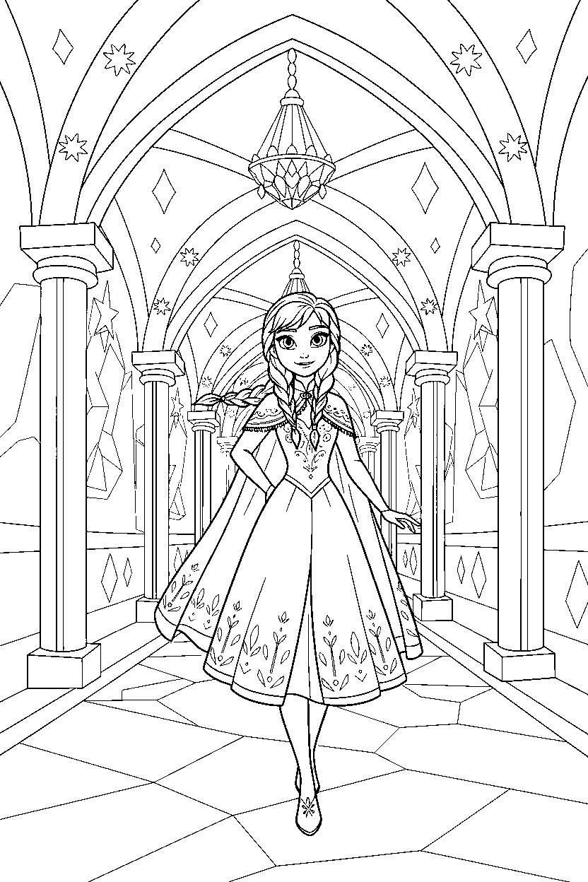 anna princess walking proudly in a sparkling palace line art