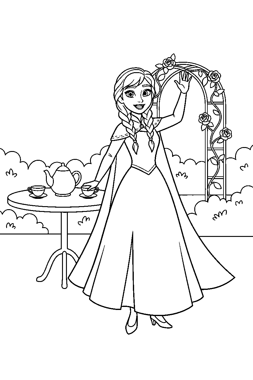 anna princess waving happily in a royal tea garden line art
