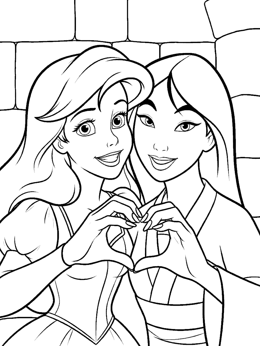 ariel and mulan princess best friends heart line art