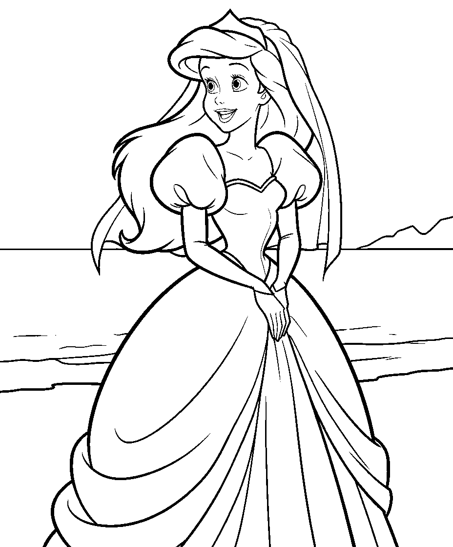 ariel beach wedding gown line art