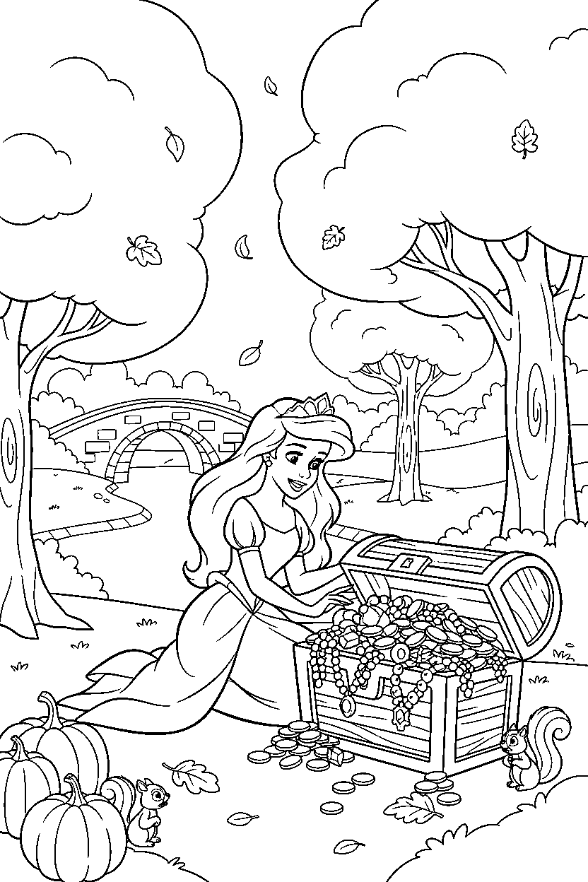 ariel princess opening a treasure in an autumn park line art