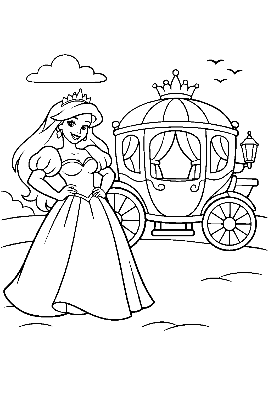 ariel princess posing proudly near a royal carriage line art