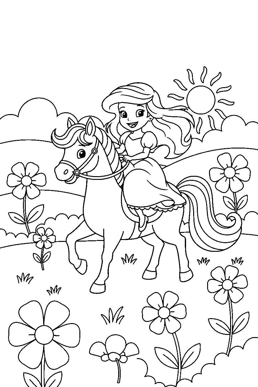 ariel princess riding happily in a spring meadow line art